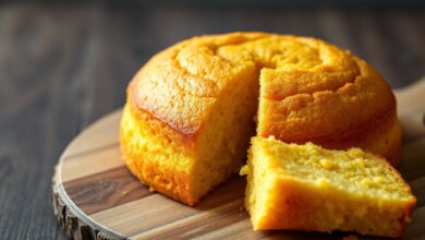 Bolo de milho dourado, com textura fofinha e úmida, fatiado e pronto para servir.