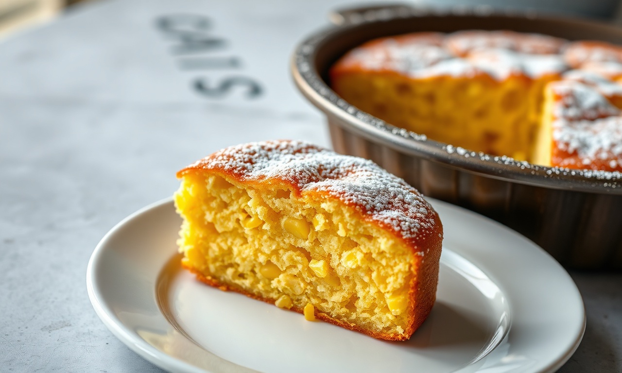 Bolo De Milho De Liquidificador: Fofinho Com 7 Ingredientes 3 Fatia generosa de bolo de milho dourado, úmido e fofinho, revelando a textura granulada e servida ao lado do bolo inteiro em uma assadeira.