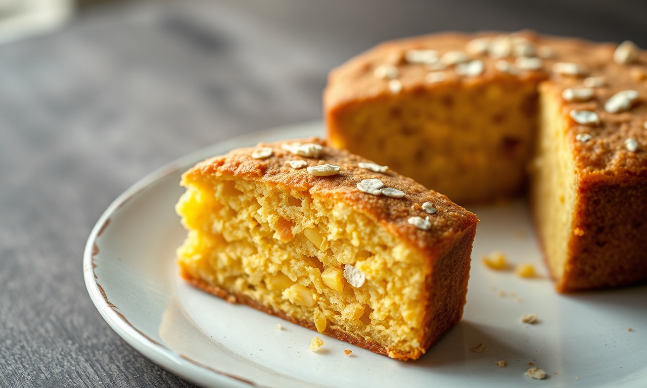 Bolo De Milho Fit Fofinho Com Aveia: Fácil E Sem Trigo 3 Bolo de milho fit inteiro e fatiado, dourado por cima, úmido por dentro, servido em um prato rústico.