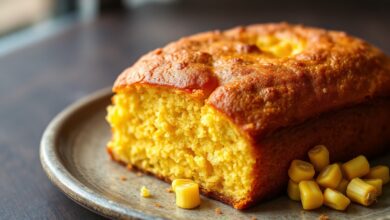 Bolo de milho fit fatiado, dourado por cima, com miolo úmido e macio, polvilhado com milho.