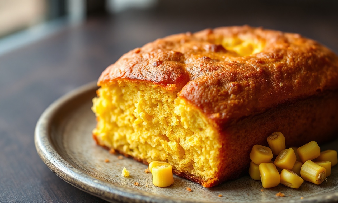 Bolo de milho fit fatiado, dourado por cima, com miolo úmido e macio, polvilhado com milho.