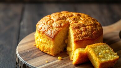 Um bolo de milho verde inteiro, com a superfície dourada e rachada, fatiado para revelar o interior úmido e cremoso com grãos de milho visíveis.
