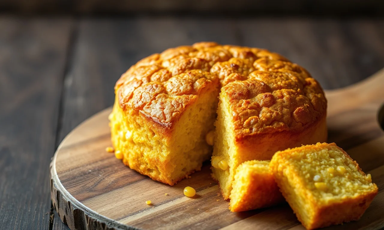 Bolo De Milho Verde Cremoso Com Milho Fresco: Receita Fofinha 3 Um bolo de milho verde inteiro, com a superfície dourada e rachada, fatiado para revelar o interior úmido e cremoso com grãos de milho visíveis.