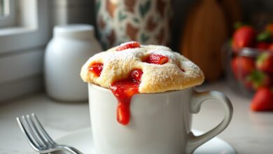 Bolo de morango na caneca fofinho e quentinho, com pedaços de morango vermelho visíveis no topo e no centro, polvilhado com um pouco de açúcar de confeiteiro.
