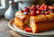 Bolo de morango fofinho e dourado, com pedaços de fruta visíveis na superfície, fatiado para revelar a textura úmida e repleta de morangos.