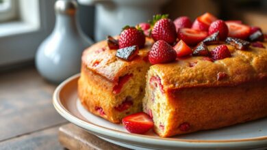 Bolo de morango fofinho e dourado, com pedaços de fruta visíveis na superfície, fatiado para revelar a textura úmida e repleta de morangos.