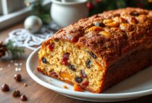 Bolo de Natal fofinho e dourado, fatiado para revelar o interior úmido com frutas secas, pronto para servir.