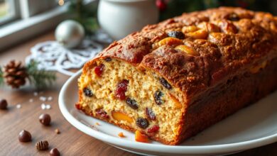 Bolo de Natal fofinho e dourado, fatiado para revelar o interior úmido com frutas secas, pronto para servir.