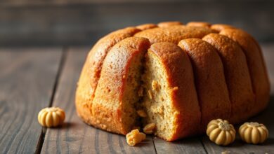 Um bolo de paçoca alto, dourado e com a textura úmida perfeita, fatiado para mostrar o interior macio.