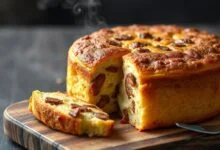 Um bolo dourado e alto, fatiado para revelar um interior fofo e úmido com pontos de calabresa e queijo derretido.