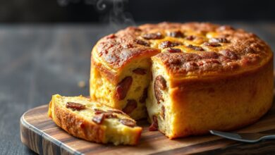 Um bolo dourado e alto, fatiado para revelar um interior fofo e úmido com pontos de calabresa e queijo derretido.