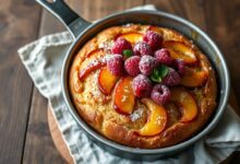 Bolo dourado e fofinho, coroado com fatias de pêssego caramelizado e framboesas vibrantes, perfeito para um café da tarde saudável.