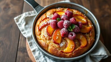 Bolo dourado e fofinho, coroado com fatias de pêssego caramelizado e framboesas vibrantes, perfeito para um café da tarde saudável.