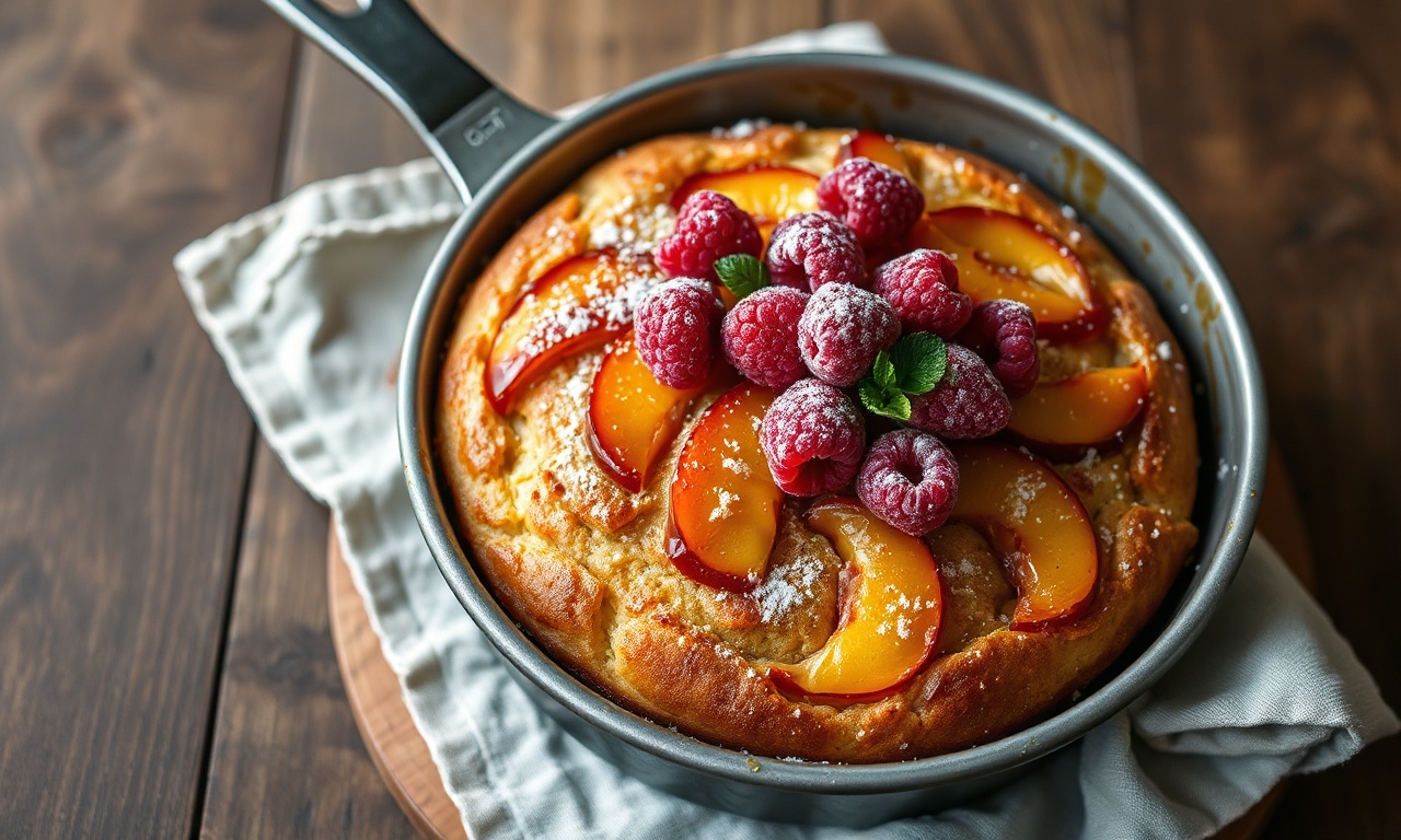 Bolo De Pêssego Fit Fofinho Com Framboesa E Iogurte 3 Bolo dourado e fofinho, coroado com fatias de pêssego caramelizado e framboesas vibrantes, perfeito para um café da tarde saudável.