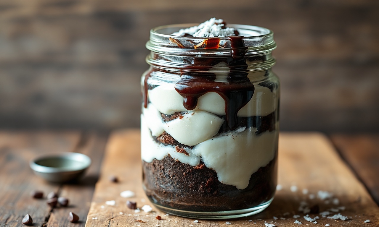 Bolo De Pote Saudável De Cacau Com Beijinho Sem Açúcar 3 Pote de vidro transparente com camadas generosas de bolo fofo de cacau escuro, beijinho cremoso de coco e uma calda brilhante por cima.