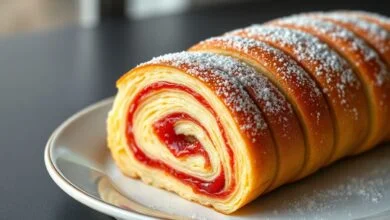 Fatias delicadas de bolo de rolo mostrando a espiral perfeita