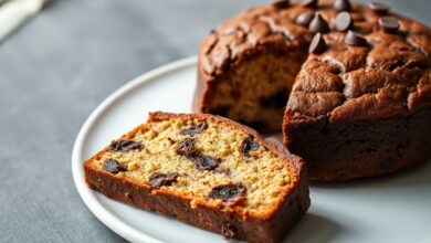 Um bolo dourado com pedaços de chocolate derretidos por cima, fatiado para revelar a textura macia e úmida.