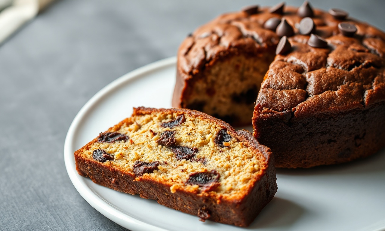 Bolo De Tahine Com Banana E Chocolate: Úmido E Fácil Em 45 Min 3 Um bolo dourado com pedaços de chocolate derretidos por cima, fatiado para revelar a textura macia e úmida.