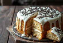 Bolo de tapioca inteiro, com textura macia e fofa, coberto generosamente por beijinho cremoso e gelado, finalizado com coco ralado e granulado de chocolate.