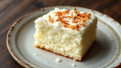 Fatias de bolo de tapioca cremoso com textura granulada e lascas de coco visíveis, servido em prato de cerâmica rústica.