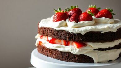 Bolo gelado de chocolate com morangos fatiado, com camadas perfeitas de chantilly e morangos vermelhos.