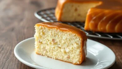 Bolo gelado de tapioca fatiado, com textura cremosa, coberto por uma camada dourada de caramelo de leite condensado, servido em um prato branco sobre uma mesa de madeira rústica.