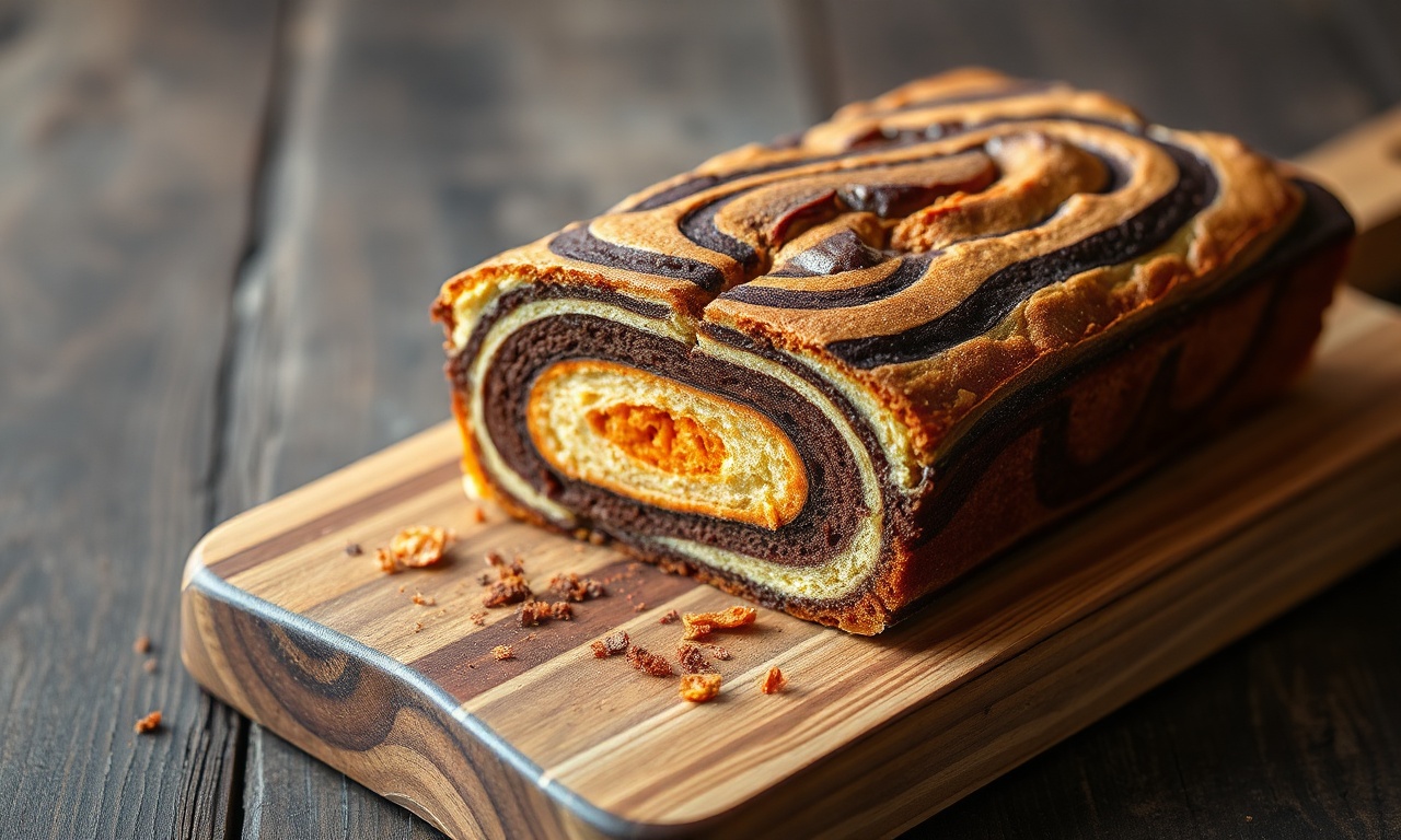 Bolo Mármore De Cenoura E Chocolate Fofinho Em 45 Min 3 Bolo retangular com veios definidos de massa de cenoura (laranja) e chocolate (marrom escuro), fatiado ao meio, mostrando a textura úmida e fofinha.