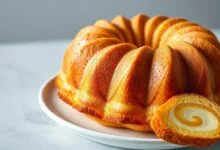 Bolo de fubá com espiral de massa amarela e branca, fatiado para mostrar a textura macia.