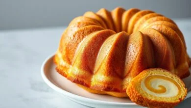 Bolo de fubá com espiral de massa amarela e branca, fatiado para mostrar a textura macia.