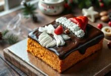Bolo de cenoura retangular coberto com ganache escura e detalhes de chantilly e morango formando o rosto e gorro do Papai Noel.