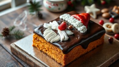 Bolo de cenoura retangular coberto com ganache escura e detalhes de chantilly e morango formando o rosto e gorro do Papai Noel.