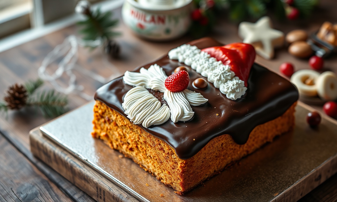 Bolo de cenoura retangular coberto com ganache escura e detalhes de chantilly e morango formando o rosto e gorro do Papai Noel.