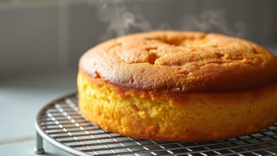 Um bolo de formato redundo, com casca dourada e textura uniforme, fatiado para revelar um interior perfeitamente cozido e úmido.