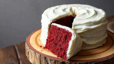 Um bolo red velvet natural de cor vermelho-escuro vibrante, coberto por uma camada generosa de glaceado cremoso e branco de cream cheese.