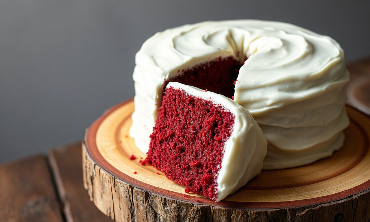 Um bolo red velvet natural de cor vermelho-escuro vibrante, coberto por uma camada generosa de glaceado cremoso e branco de cream cheese.