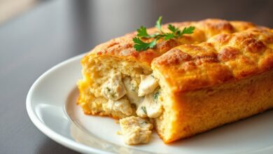 Um bolo salgado dourado, recém-saído do forno, com uma fatia generosa cortada, revelando um recheio cremoso de frango no centro.