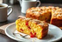 Bolo dourado com crosta de queijo, fatiado para revelar a textura macia e os pedacinhos de pimentão vermelho.