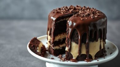 Bolo de chocolate alto e fofinho, coberto por uma camada generosa de glaceado de chocolate ao leite escorrendo pelas laterais, com uma fatia servida mostrando o recheio cremoso de leite condensado.