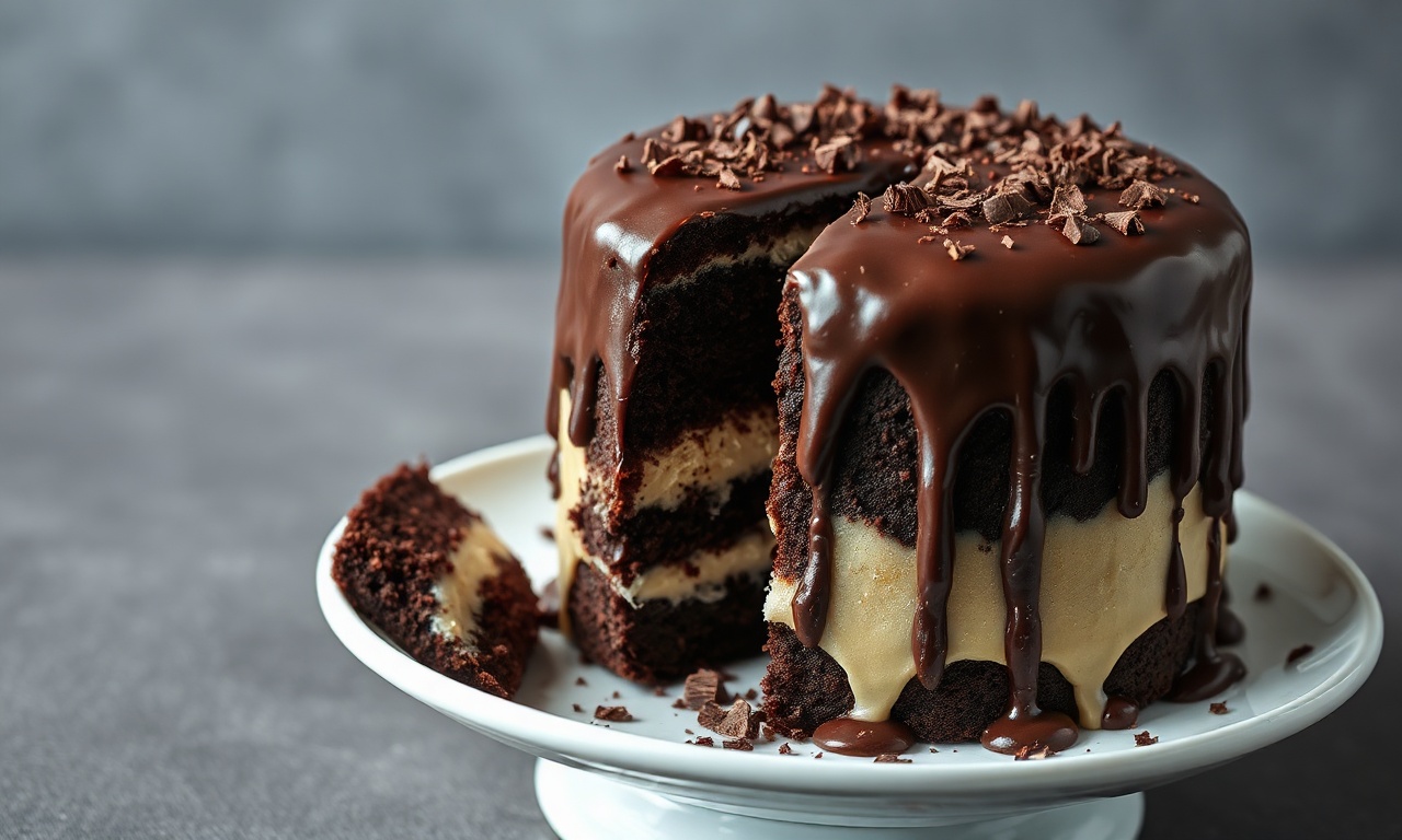 Bolo de chocolate alto e fofinho, coberto por uma camada generosa de glaceado de chocolate ao leite escorrendo pelas laterais, com uma fatia servida mostrando o recheio cremoso de leite condensado.