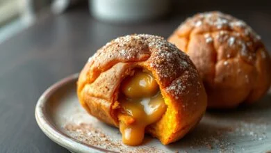 Bolinhos dourados e polvilhados com açúcar e canela, com o recheio cremoso de doce de leite à mostra.
