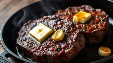 Bifes altos de bombom de alcatra com crosta caramelizada e interior rosado.