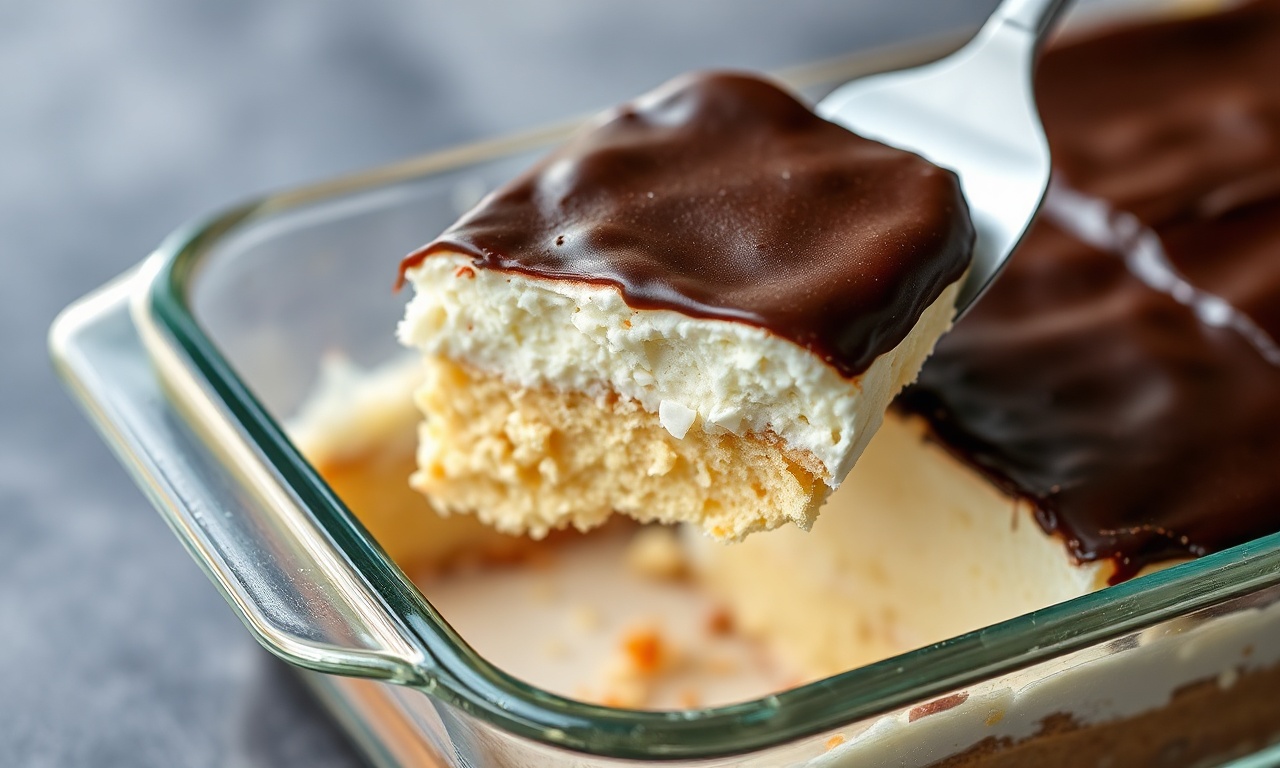 Bombom De Coco De Travessa Com Bolo Fácil E Cremoso 3 Travessa retangular com camadas de bolo de baunilha, creme de coco e cobertura de chocolate brilhante, com uma fatia sendo servida.