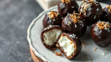 Uma tigela de bombons caseiros de Prestígio com cobertura de chocolate brilhante, um deles cortado ao meio mostrando o recheio de coco.
