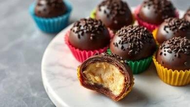 Brigadeiros perfeitamente enrolados com granulado, apresentados em forminhas de papel, com textura aveludada e brilho suave