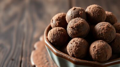 Brigadeiros de café escuros, perfeitamente redondos e cobertos por cacau em pó, servidos em uma tigela rústica.