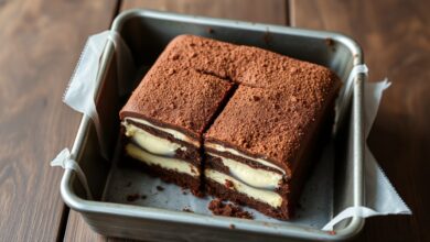 Assadeira quadrada com brigadeiro de forno cortado em quadrados perfeitos, mostrando a textura cremosa e a crosta levemente firme.