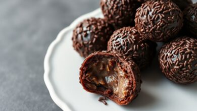 Brigadeiros perfeitos, escuros e brilhantes, enrolados em granulado, dispostos elegante em um prato branco.