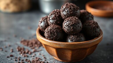 Vista de uma travessa com brigadeiros enrolados e granulados, prontos para servir.