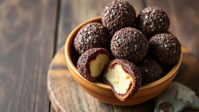 Tigela com brigadeiros perfeitamente enrolados e cobertos por granulado, com um cortado ao meio revelando o interior macio.