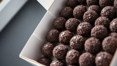 Bandeja com dezenas de brigadeiros perfeitamente padronizados, enrolados em granulado, prontos para a venda.